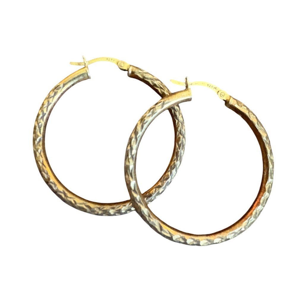 Vintage Sterling Silver Gold Tone Diamond Cut Textured Hoop Earrings Medium
